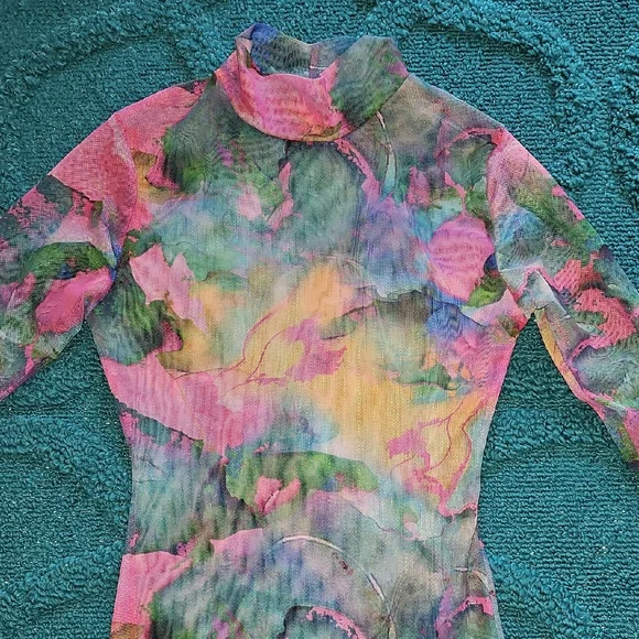 Pretty Little Thing Sheer Colorful Long Sleeve Dress 4 - Picture 2 of 6